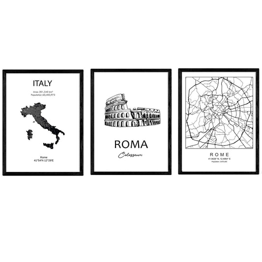 Pack de posters de paises y monumentos. Mapa ciudad de Roma, monumento Coliseo y mapa Italia.-Artwork-Nacnic-Nacnic Estudio SL