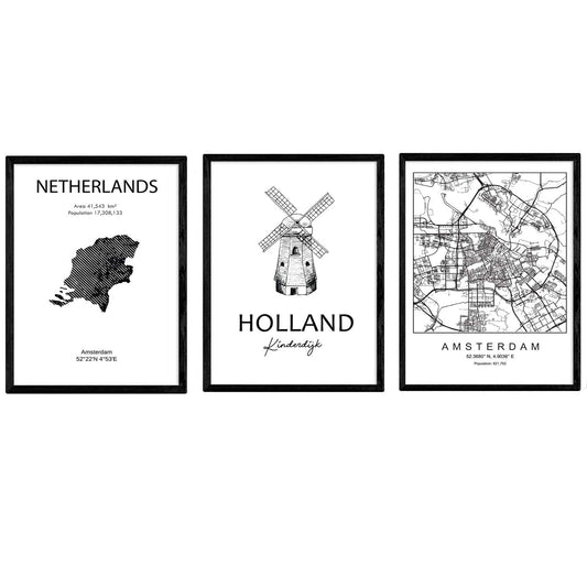 Pack de posters de paises y monumentos. Mapa cuidad Amsterdam, monumento Kinderdijk y mapa Holanda.-Artwork-Nacnic-Nacnic Estudio SL