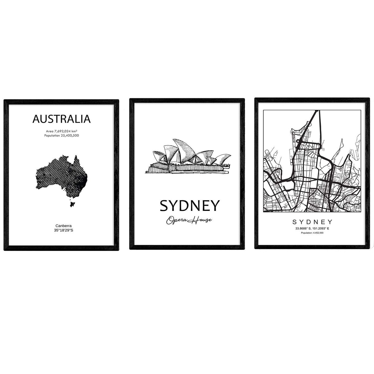 Pack de posters de paises y monumentos. Mapa cuidad Sidney, monumento Harbour Bridge y mapa Australia B.-Artwork-Nacnic-Nacnic Estudio SL