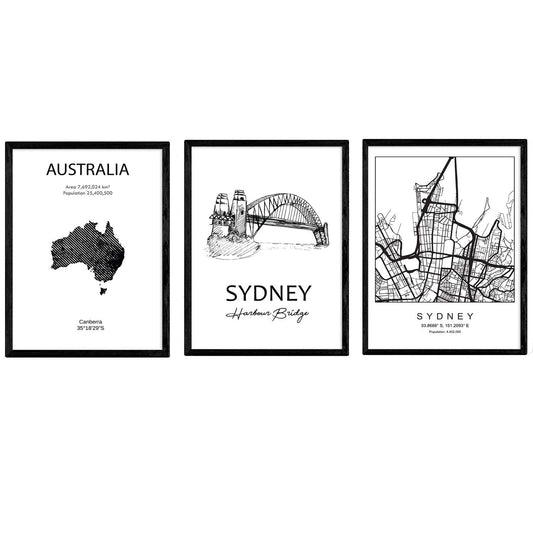 Pack de posters de paises y monumentos. Mapa cuidad Sidney, monumento Harbour Bridge y mapa Australia.-Artwork-Nacnic-Nacnic Estudio SL