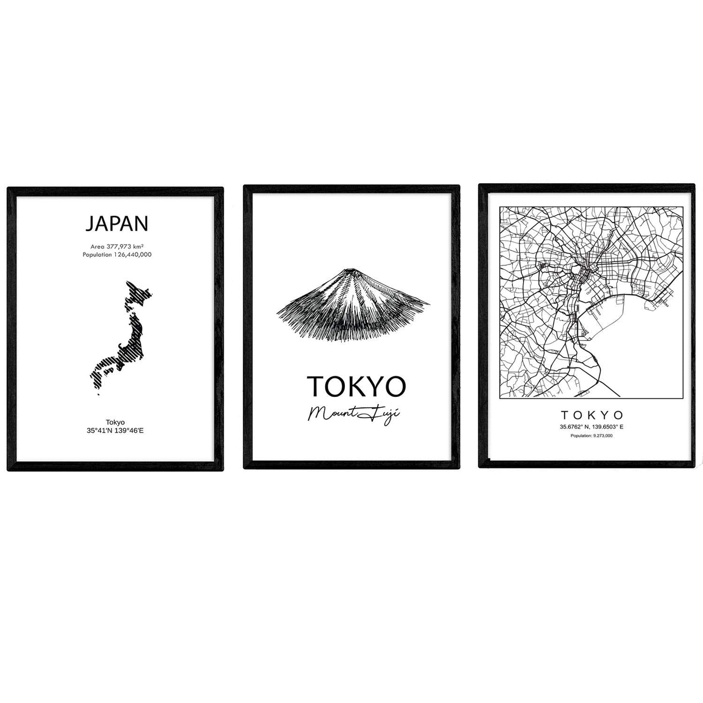 Pack de posters de paises y monumentos. Mapa cuidad Tokio, monumento monte Fuji y mapa Japon.-Artwork-Nacnic-Nacnic Estudio SL
