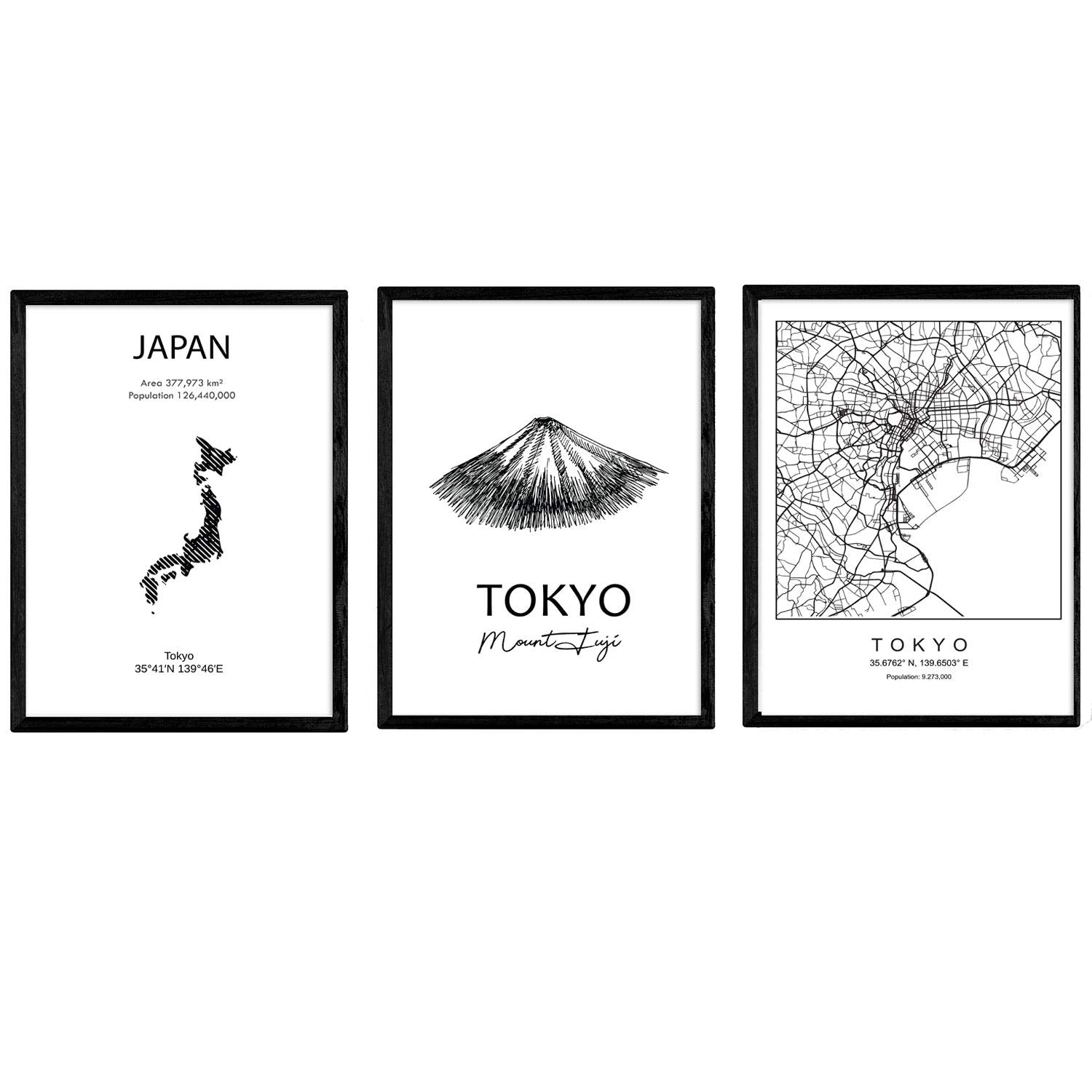 Pack de posters de paises y monumentos. Mapa cuidad Tokio, monumento monte Fuji y mapa Japon.-Artwork-Nacnic-Nacnic Estudio SL