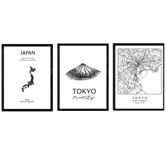 Pack de posters de paises y monumentos. Mapa cuidad Tokio, monumento monte Fuji y mapa Japon.-Artwork-Nacnic-Nacnic Estudio SL