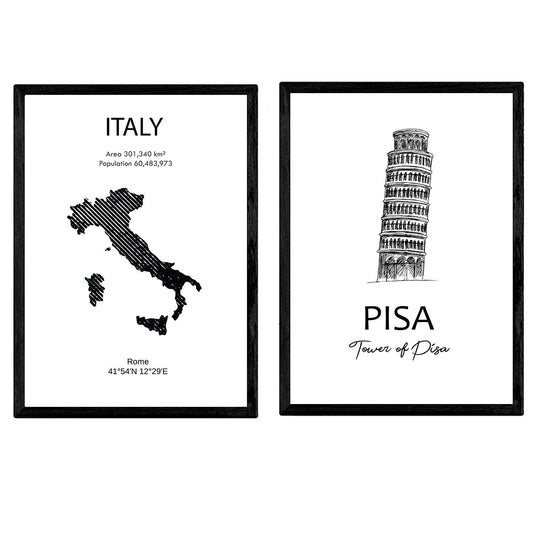 Pack de posters de paises y monumentos. Mapa Italia y monumentos torre de Pisa.-Artwork-Nacnic-Nacnic Estudio SL
