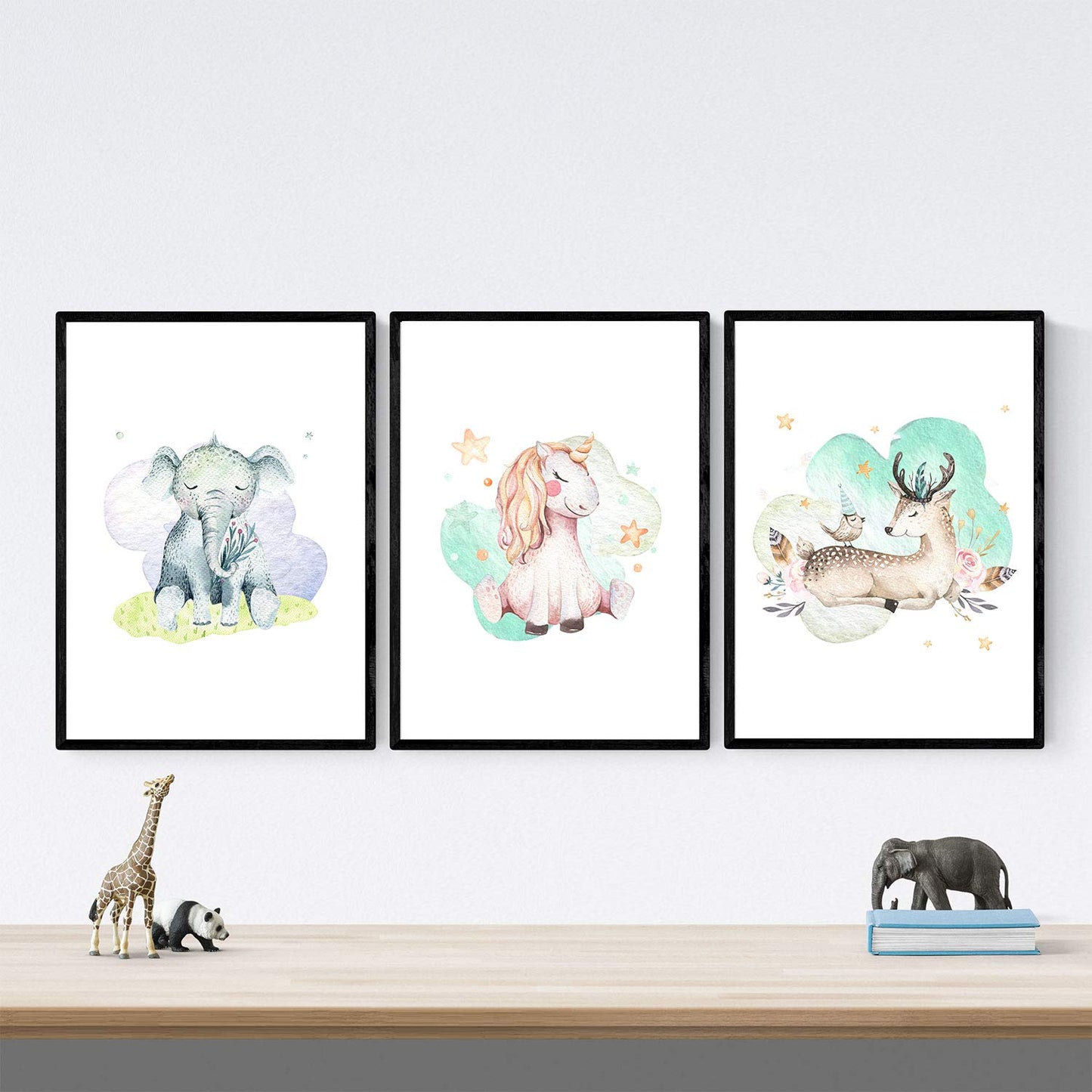 Pack de Tres láminas con Ilustraciones de Animales. Ciervo Elefante y Unicornio.-Artwork-Nacnic-Nacnic Estudio SL