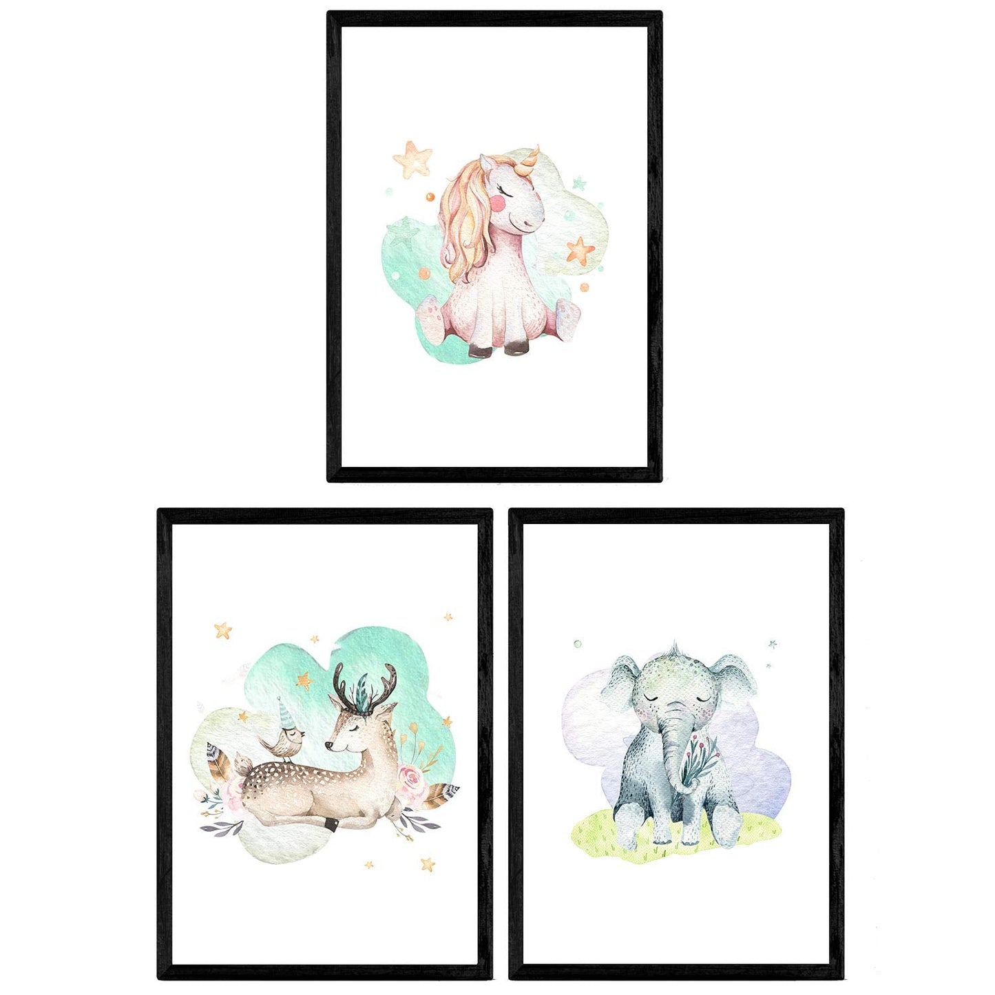 Pack de Tres láminas con Ilustraciones de Animales. Ciervo Elefante y Unicornio.-Artwork-Nacnic-Nacnic Estudio SL