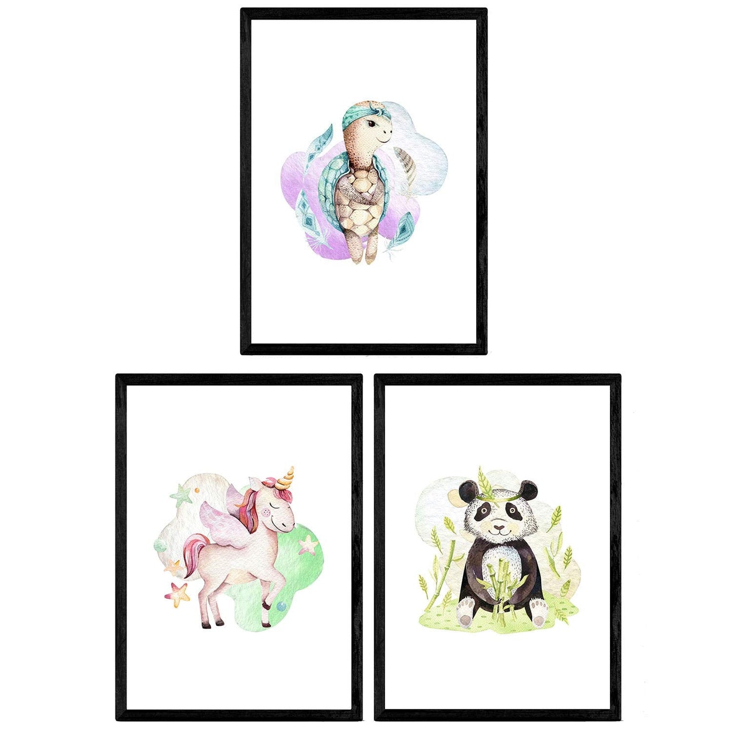 Pack de Tres láminas con Ilustraciones de Animales. Oso Panda Unicornio y Tortuga.-Artwork-Nacnic-Nacnic Estudio SL
