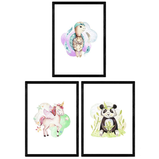 Pack de Tres láminas con Ilustraciones de Animales. Oso Panda Unicornio y Tortuga.-Artwork-Nacnic-Nacnic Estudio SL
