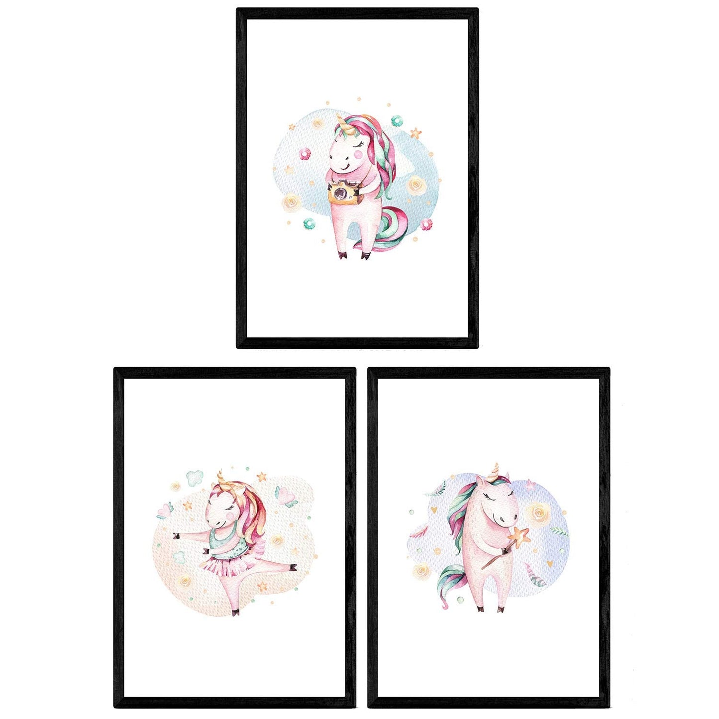 Pack de Tres láminas con Ilustraciones de Animales. Unicornio bailnado Unicornio Hada y Unicornio fotografo.-Artwork-Nacnic-Nacnic Estudio SL