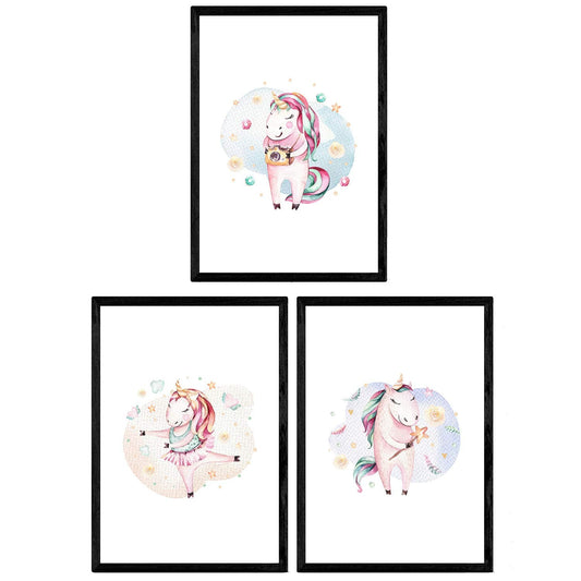 Pack de Tres láminas con Ilustraciones de Animales. Unicornio bailnado Unicornio Hada y Unicornio fotografo.-Artwork-Nacnic-Nacnic Estudio SL