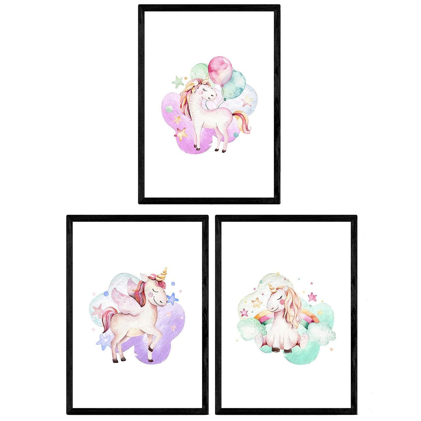 Pack de Tres láminas con Ilustraciones de Animales. Unicornio con Globos Unicornio Arcoiris y Unicornio con alas.-Artwork-Nacnic-Nacnic Estudio SL