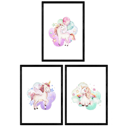 Pack de Tres láminas con Ilustraciones de Animales. Unicornio con Globos Unicornio Arcoiris y Unicornio con alas.-Artwork-Nacnic-Nacnic Estudio SL