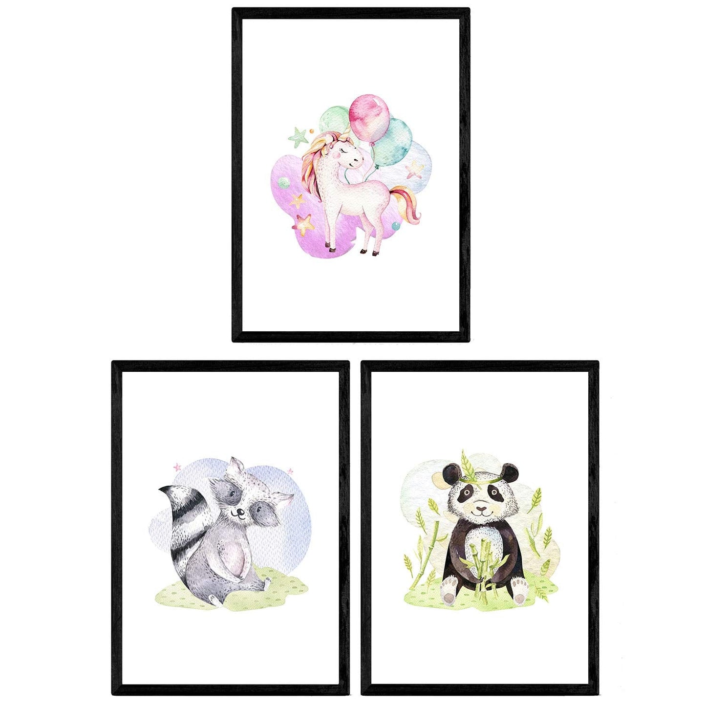 Pack de Tres láminas con Ilustraciones de Animales. Unicornio Oso Panda y Mofeta.-Artwork-Nacnic-Nacnic Estudio SL