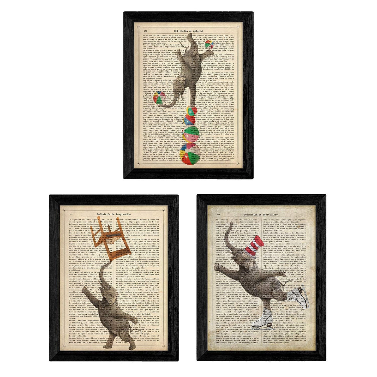 Pack de Tres láminas Elefantes Divertidos con definiciones de Diccionario, Amistad, positivismo e imaginacion. 250 Gr-Artwork-Nacnic-Nacnic Estudio SL