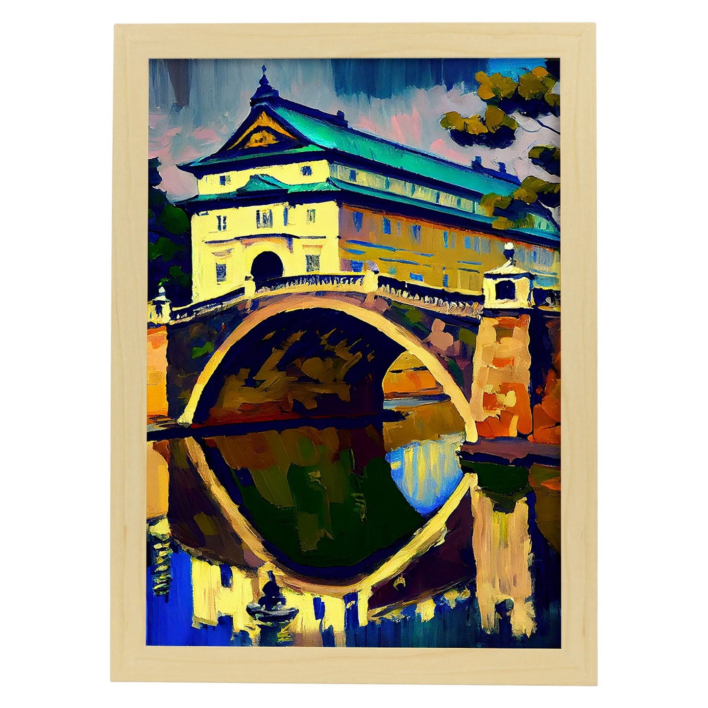 Palacio imperial nacnico Tokio Japón Pintura al óleo de pincel. Estampados de arte de pared estético para el diseño de dormitorio o sala de estar.-Artwork-Nacnic-A4-Marco Madera clara-Nacnic Estudio SL