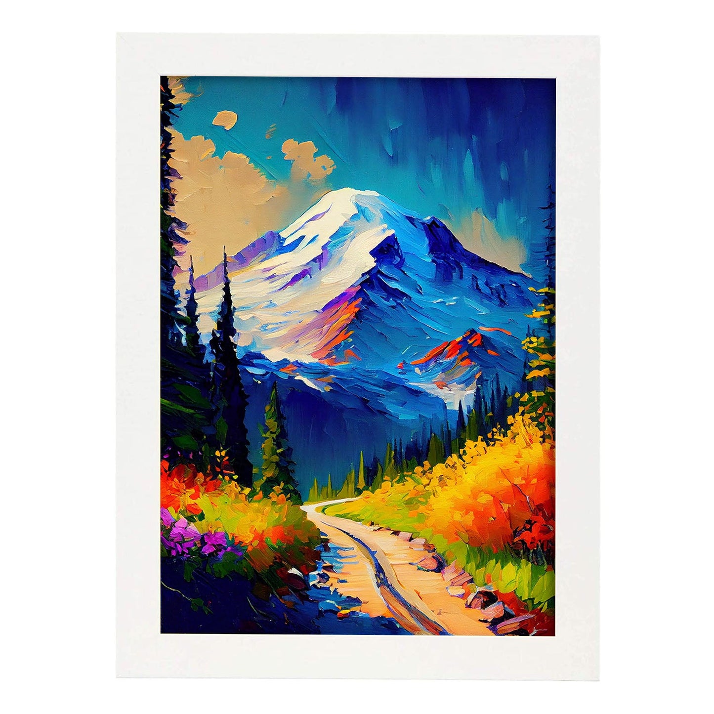 Parque Nacional Nacnic Rainier Washington USA Pintura al óleo. Estampados de arte de pared estético para el diseño de dormitorio o sala de estar.-Artwork-Nacnic-A4-Marco Blanco-Nacnic Estudio SL
