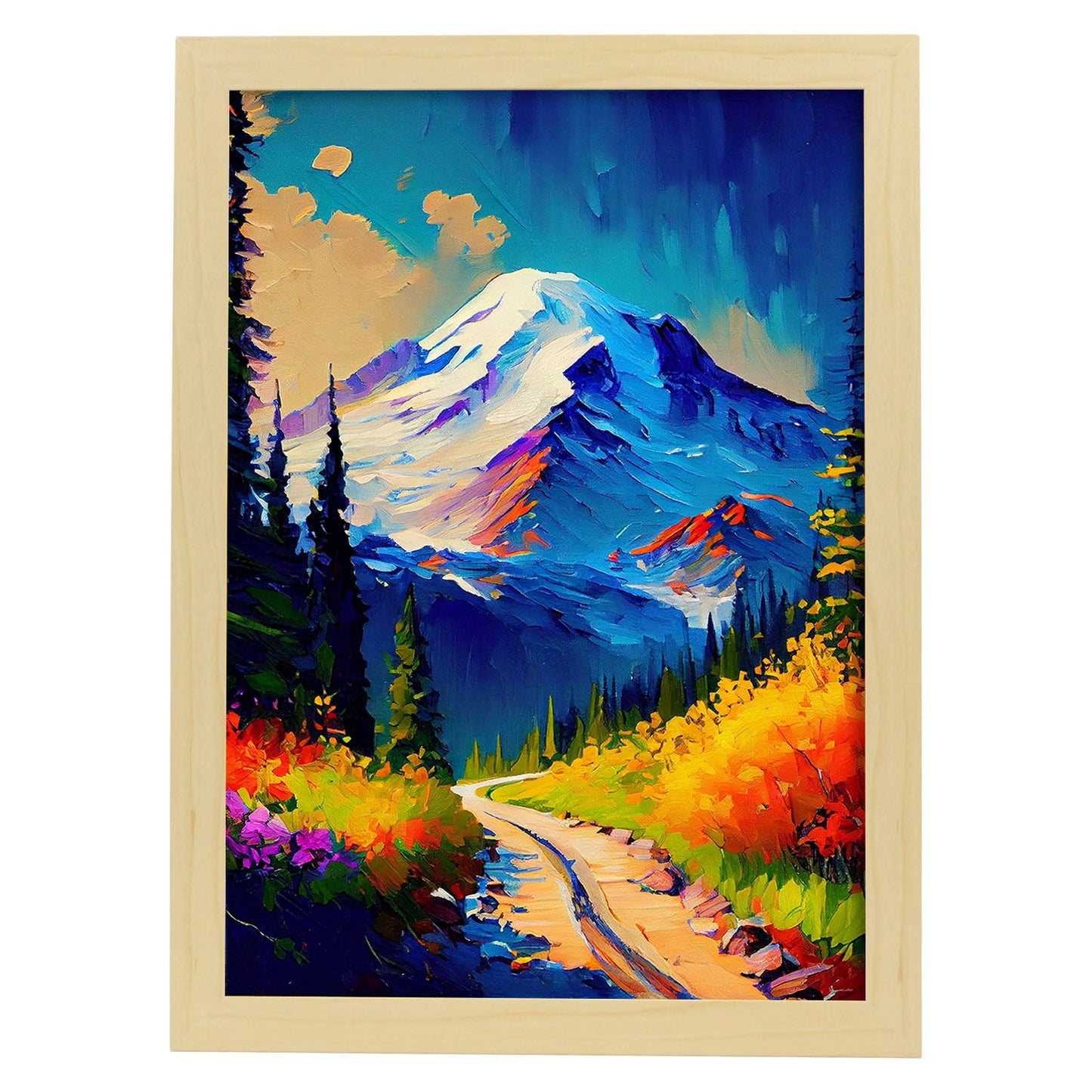 Parque Nacional Nacnic Rainier Washington USA Pintura al óleo. Estampados de arte de pared estético para el diseño de dormitorio o sala de estar.-Artwork-Nacnic-A4-Marco Madera clara-Nacnic Estudio SL