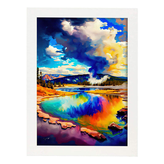 Parque Nacional Nacnic Yellowstone Wyoming USA Pintura al óleo b. Estampados de arte de pared estético para el diseño de dormitorio o sala de estar.-Artwork-Nacnic-A4-Marco Blanco-Nacnic Estudio SL