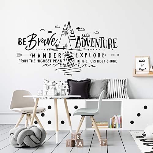 Pegatina de pared ESTILO NÓRDICO. Vinilo decorativo AVENTURAS SALVAJES. Lámina adhesiva GEOMÉTRICA con FRASE INSPIRADORA "Be Brave, Seek Adventure". Decoración minimalista para Hogar, Oficina, Tienda-Nacnic-Nacnic Estudio SL