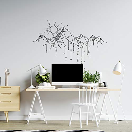 Pegatina de pared ESTILO NÓRDICO. Vinilo decorativo de MONTAÑAS. Lámina adhesiva GEOMÉTRICA con detalles de FLECHAS Y SOL. Decoración minimalista para Hogar, Oficina, Tienda.-Nacnic-Nacnic Estudio SL