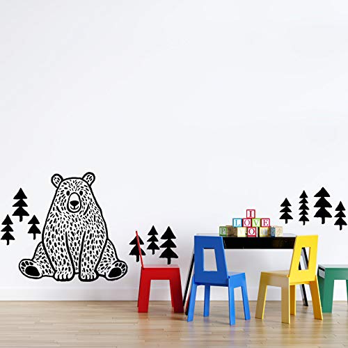 Pegatina de pared ESTILO NÓRDICO. Vinilo decorativo de OSO EN EL BOSQUE. Lámina adhesiva GEOMÉTRICA con detalles de ÁRBOLES. Decoración infantil para Hogar, Niños, Bebés.-Nacnic-Nacnic Estudio SL