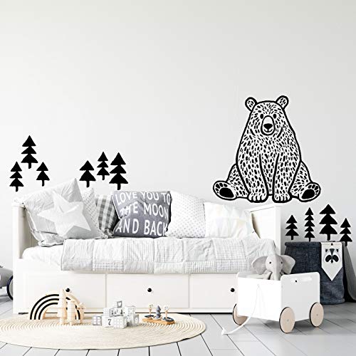 Pegatina de pared ESTILO NÓRDICO. Vinilo decorativo de OSO EN EL BOSQUE. Lámina adhesiva GEOMÉTRICA con detalles de ÁRBOLES. Decoración infantil para Hogar, Niños, Bebés.-Nacnic-Nacnic Estudio SL