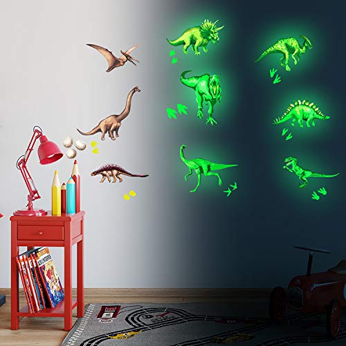 Pegatinas de pared BRILLAN EN LA OSCURIDAD. Vinilo decorativo de DINOSAURIOS. Pegatinas animales FLUORESCENTES. Láminas luminosas Decoración Habitación, niño, niña, infantil y bebé.-Nacnic-Nacnic Estudio SL