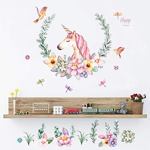 Pegatinas de pared con diseño de Unicornio Floral con Mariposas y Libélulas. Decoración para el Hogar en tonos pastel.-Nacnic-Nacnic Estudio SL