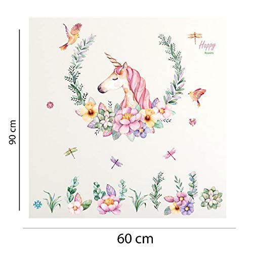 Pegatinas de pared con diseño de Unicornio Floral con Mariposas y Libélulas. Decoración para el Hogar en tonos pastel.-Nacnic-Nacnic Estudio SL