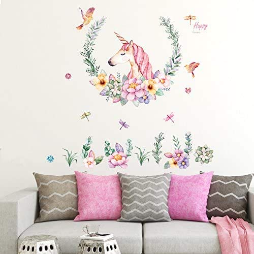 Pegatinas de pared con diseño de Unicornio Floral con Mariposas y Libélulas. Decoración para el Hogar en tonos pastel.-Nacnic-Nacnic Estudio SL
