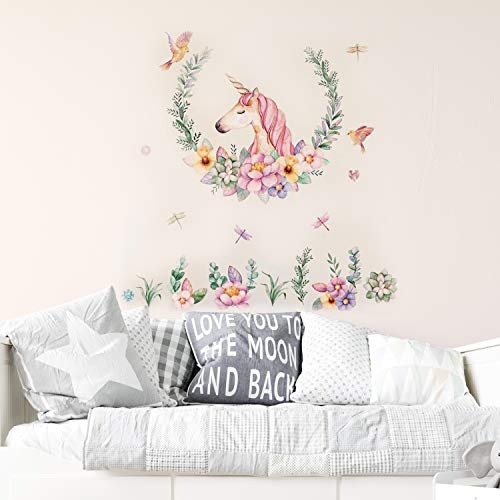 Pegatinas de pared con diseño de Unicornio Floral con Mariposas y Libélulas. Decoración para el Hogar en tonos pastel.-Nacnic-Nacnic Estudio SL