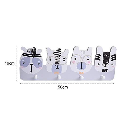 Perchero infantil en estilo nordico con 4 ganchos redondos, seguro para los niños. Temática de animales en tonos grises. Colgador funcional para decorar la habitacion de los niños.-Nacnic-Nacnic Estudio SL