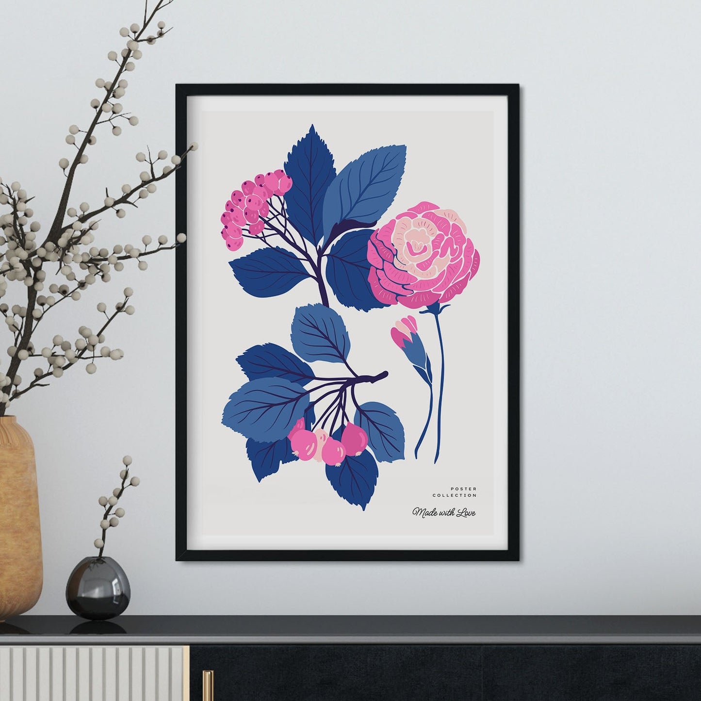 Pink Flowers Blue Leaves-Artwork-Nacnic-Nacnic Estudio SL