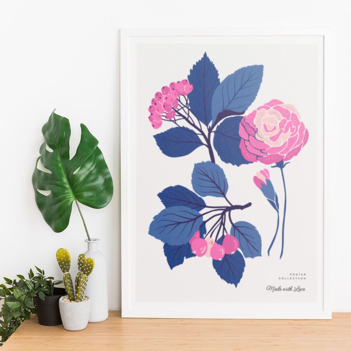 Pink Flowers Blue Leaves-Artwork-Nacnic-Nacnic Estudio SL