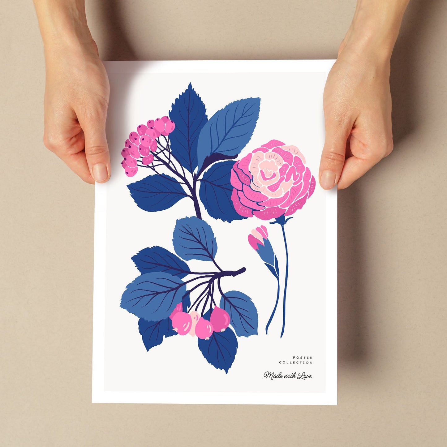 Pink Flowers Blue Leaves-Artwork-Nacnic-Nacnic Estudio SL