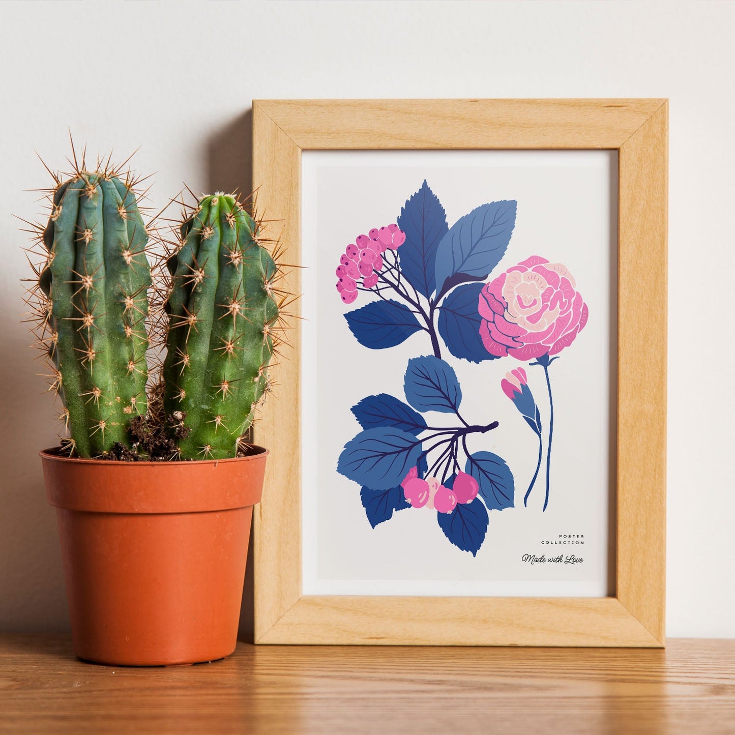 Pink Flowers Blue Leaves-Artwork-Nacnic-Nacnic Estudio SL