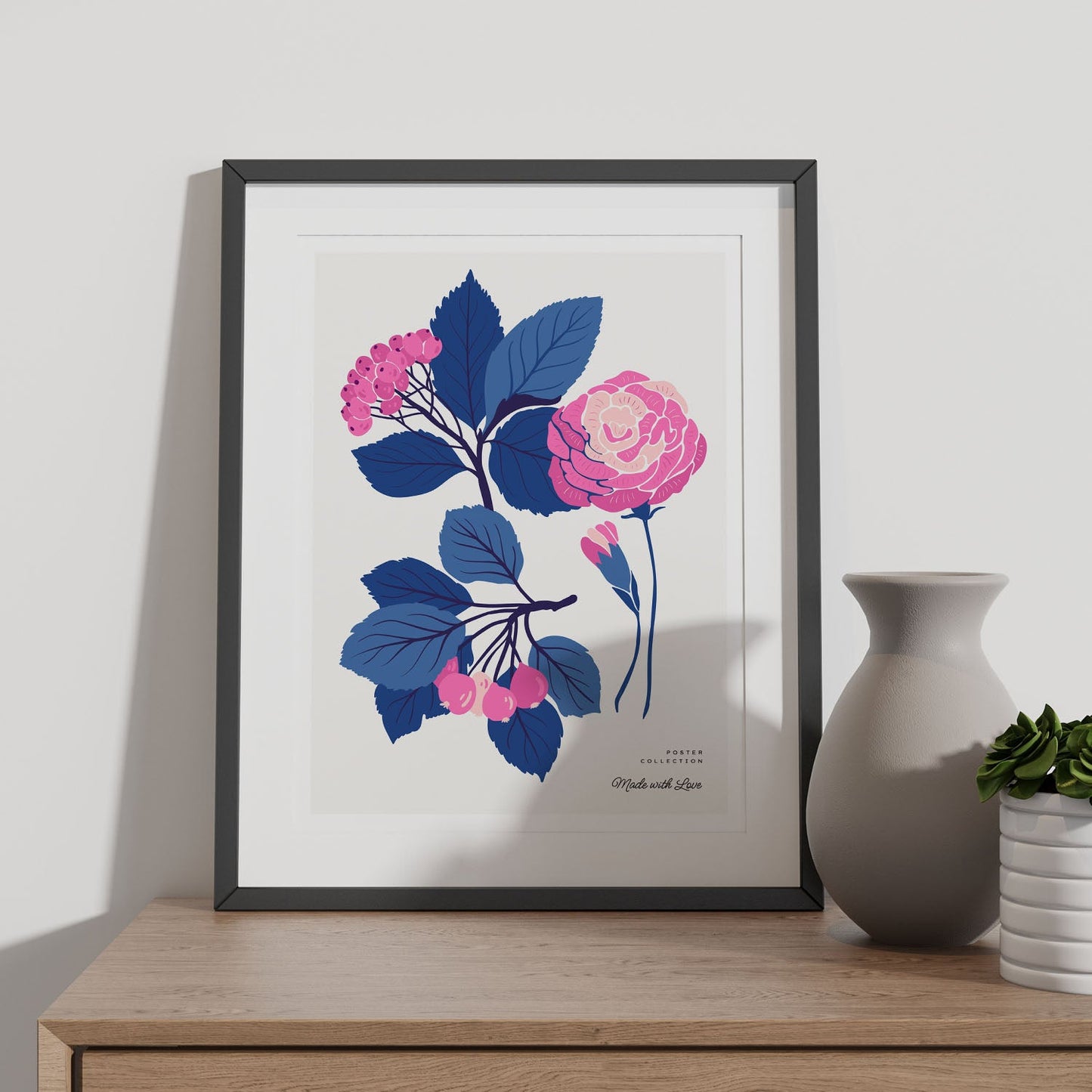 Pink Flowers Blue Leaves-Artwork-Nacnic-Nacnic Estudio SL