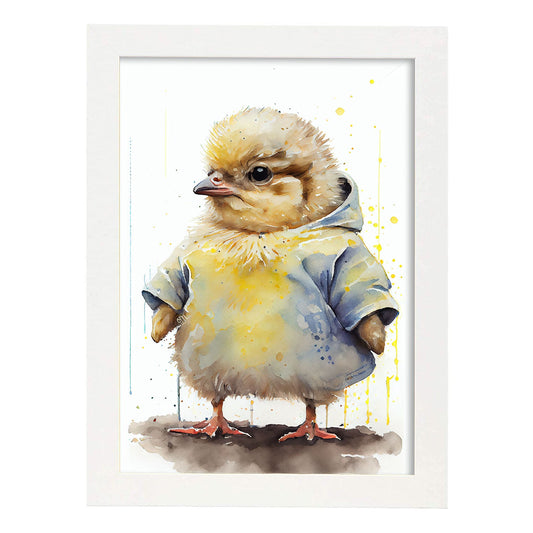 Pollito nacnic sobre fondo blanco sonriendo con algo. Estampados de arte de pared estético para el diseño de dormitorio o sala de estar.-Artwork-Nacnic-A4-Marco Blanco-Nacnic Estudio SL