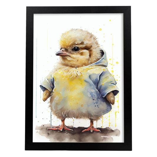 Pollito nacnic sobre fondo blanco sonriendo con algo. Estampados de arte de pared estético para el diseño de dormitorio o sala de estar.-Artwork-Nacnic-A4-Sin marco-Nacnic Estudio SL