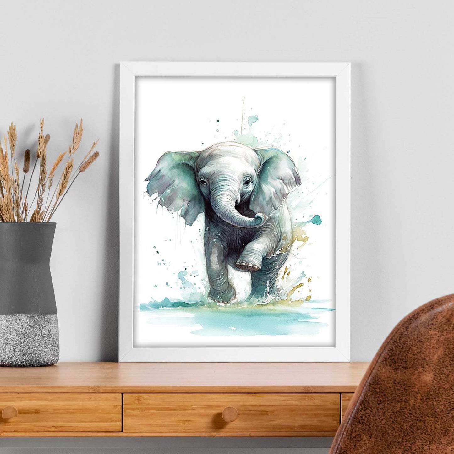 Póster de Elefante Bebé Jugando en el Agua