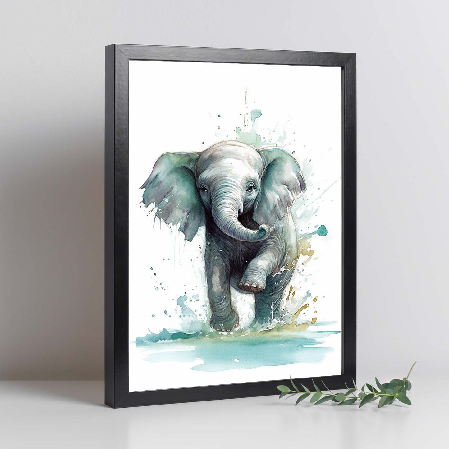 Póster de Elefante Bebé Jugando en el Agua