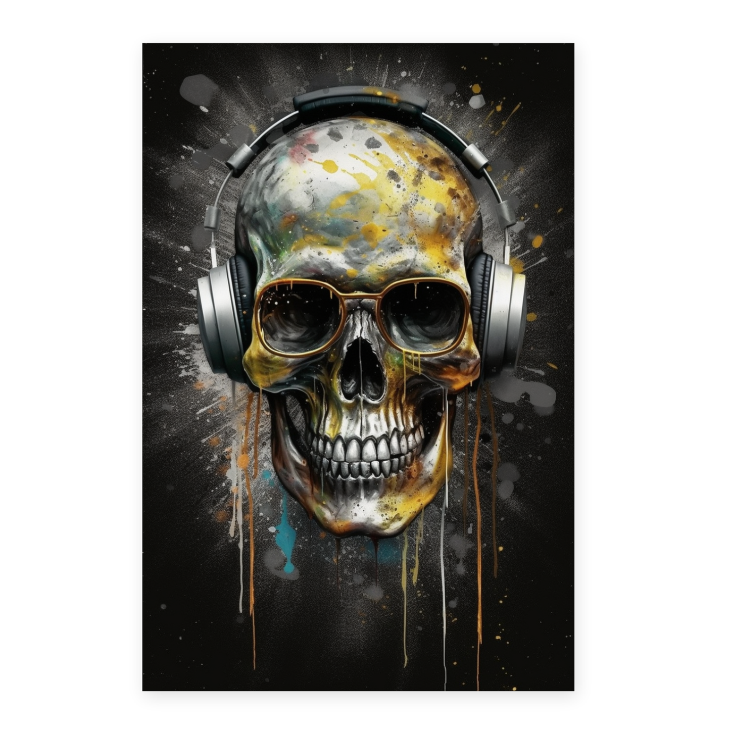 Lámina: Calavera Plateada y Dorada con Auriculares y Gafas de Sol
