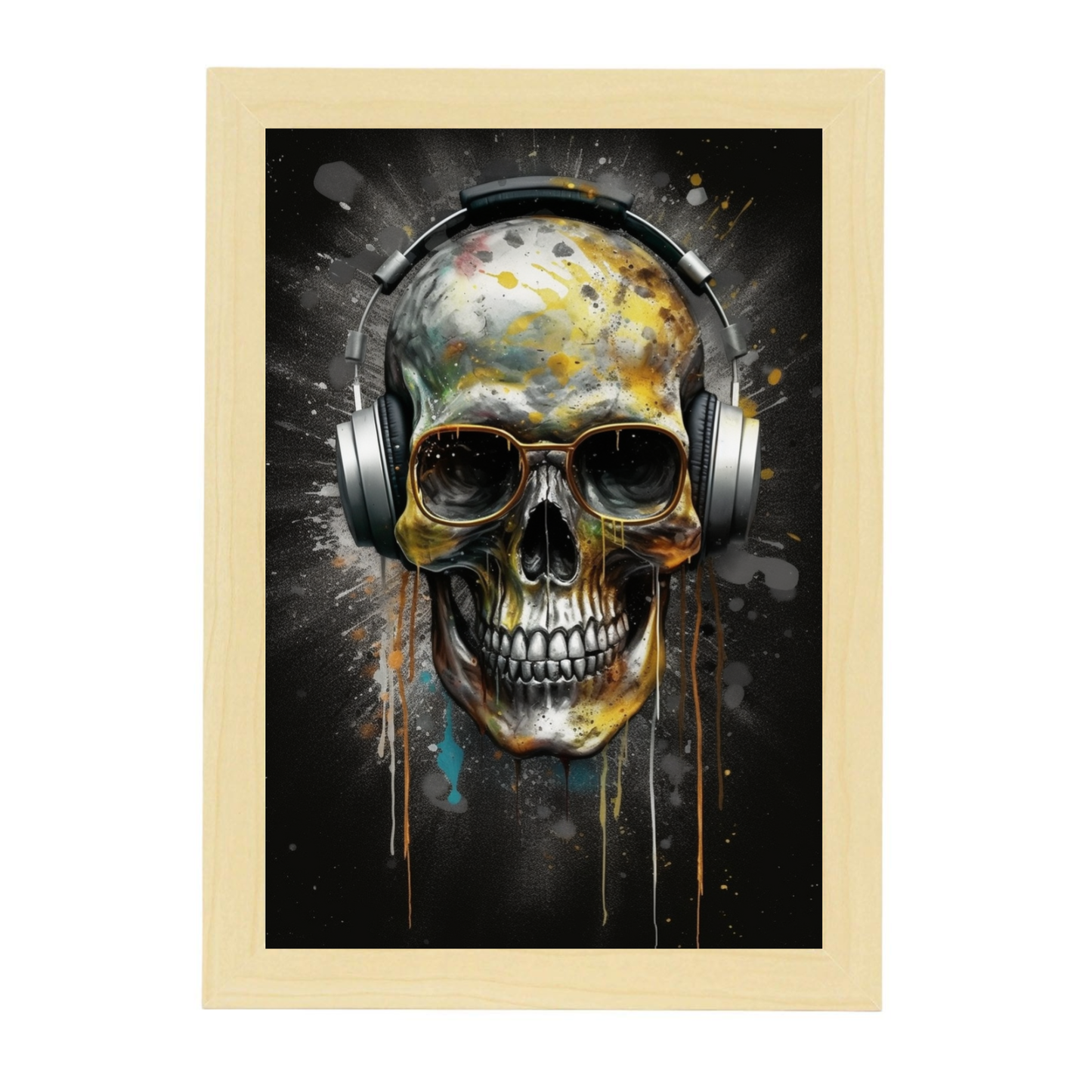 Lámina: Calavera Plateada y Dorada con Auriculares y Gafas de Sol