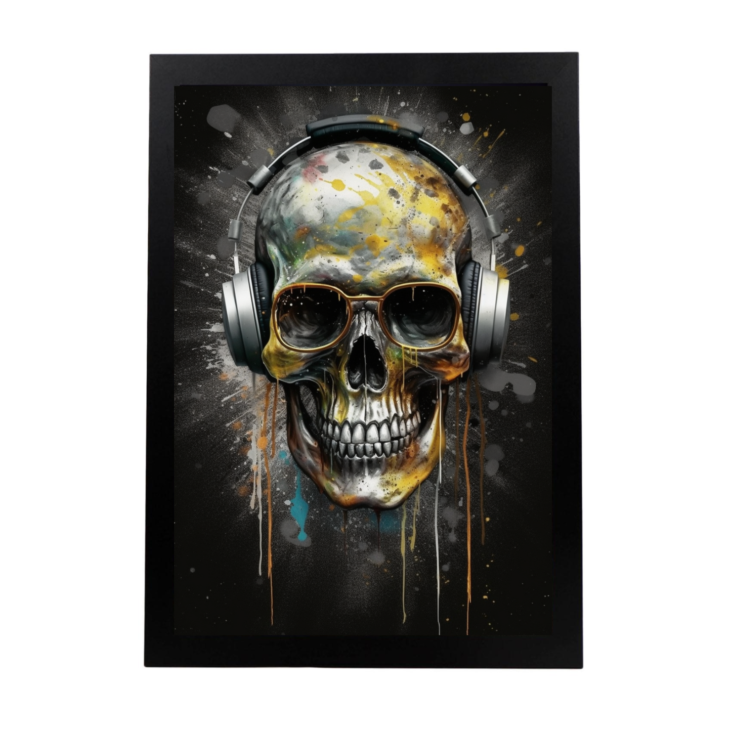 Lámina: Calavera Plateada y Dorada con Auriculares y Gafas de Sol