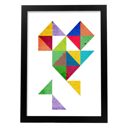Poster con dibújo de geometría colorida. Lámina Corazón 1, ilustrada con con formas y figuras llenas de color.-Artwork-Nacnic-A4-Marco Negro-Nacnic Estudio SL
