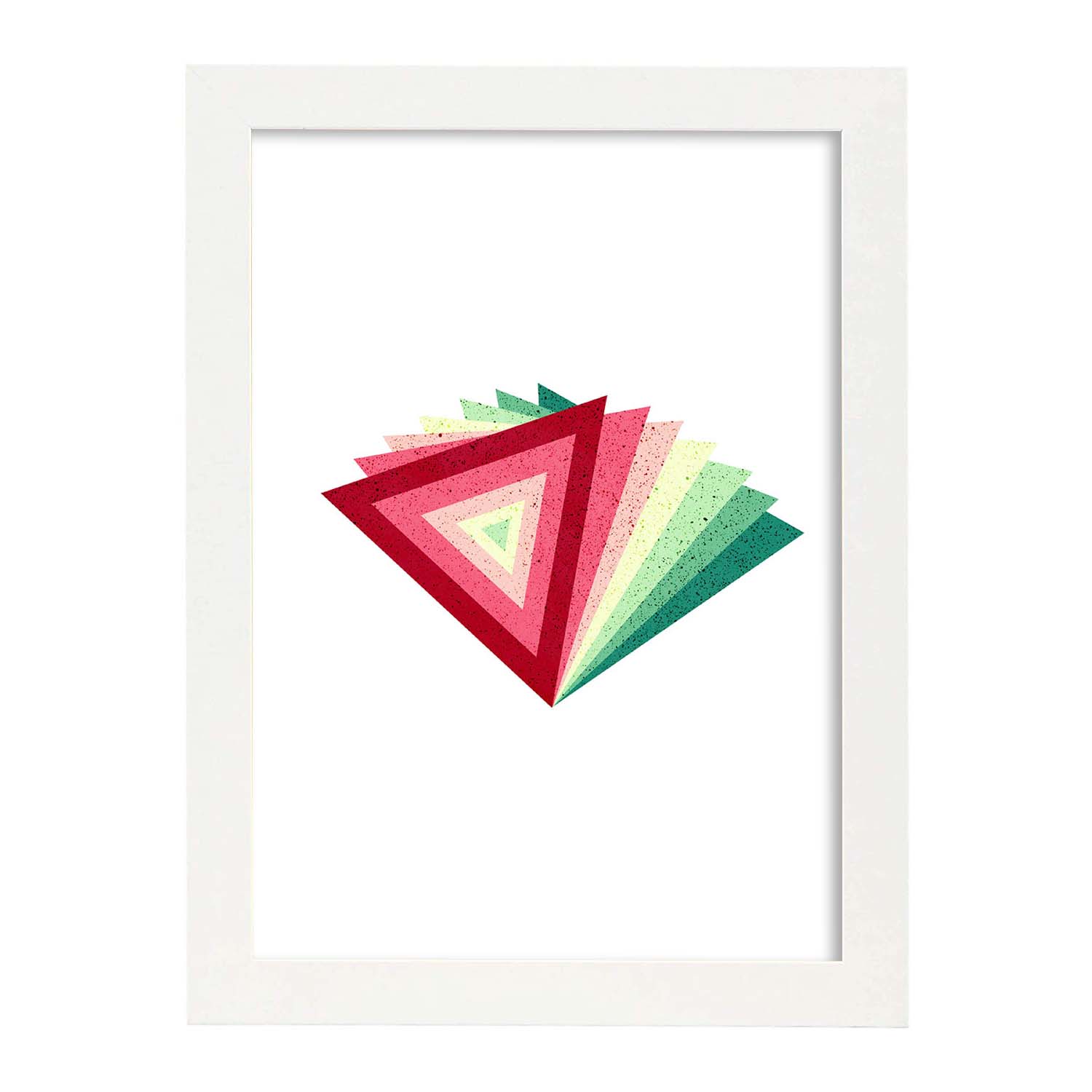 Poster con dibújo de geometría colorida. Lámina Pirámide rojo verde, ilustrada con con formas y figuras llenas de color.-Artwork-Nacnic-A4-Marco Blanco-Nacnic Estudio SL