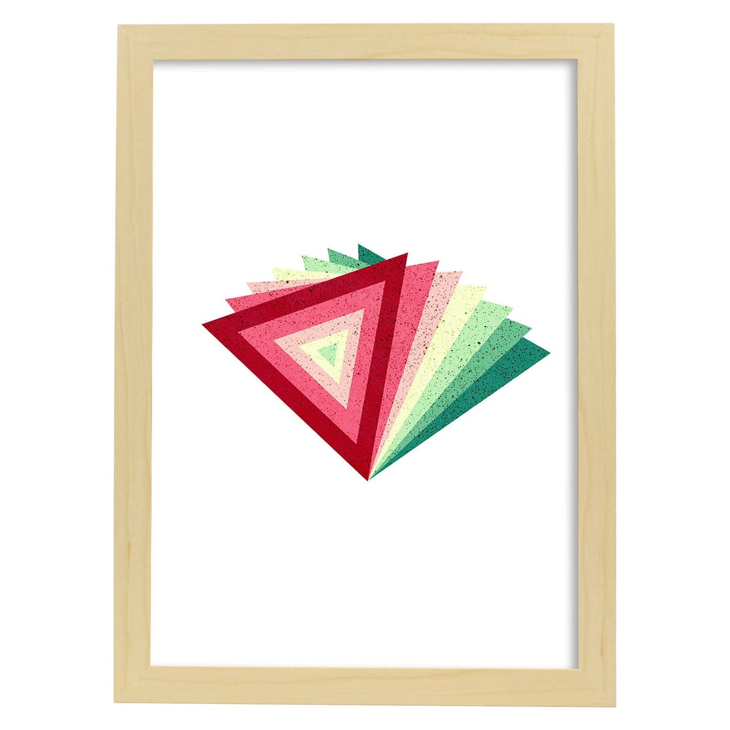 Poster con dibújo de geometría colorida. Lámina Pirámide rojo verde, ilustrada con con formas y figuras llenas de color.-Artwork-Nacnic-A4-Marco Madera clara-Nacnic Estudio SL