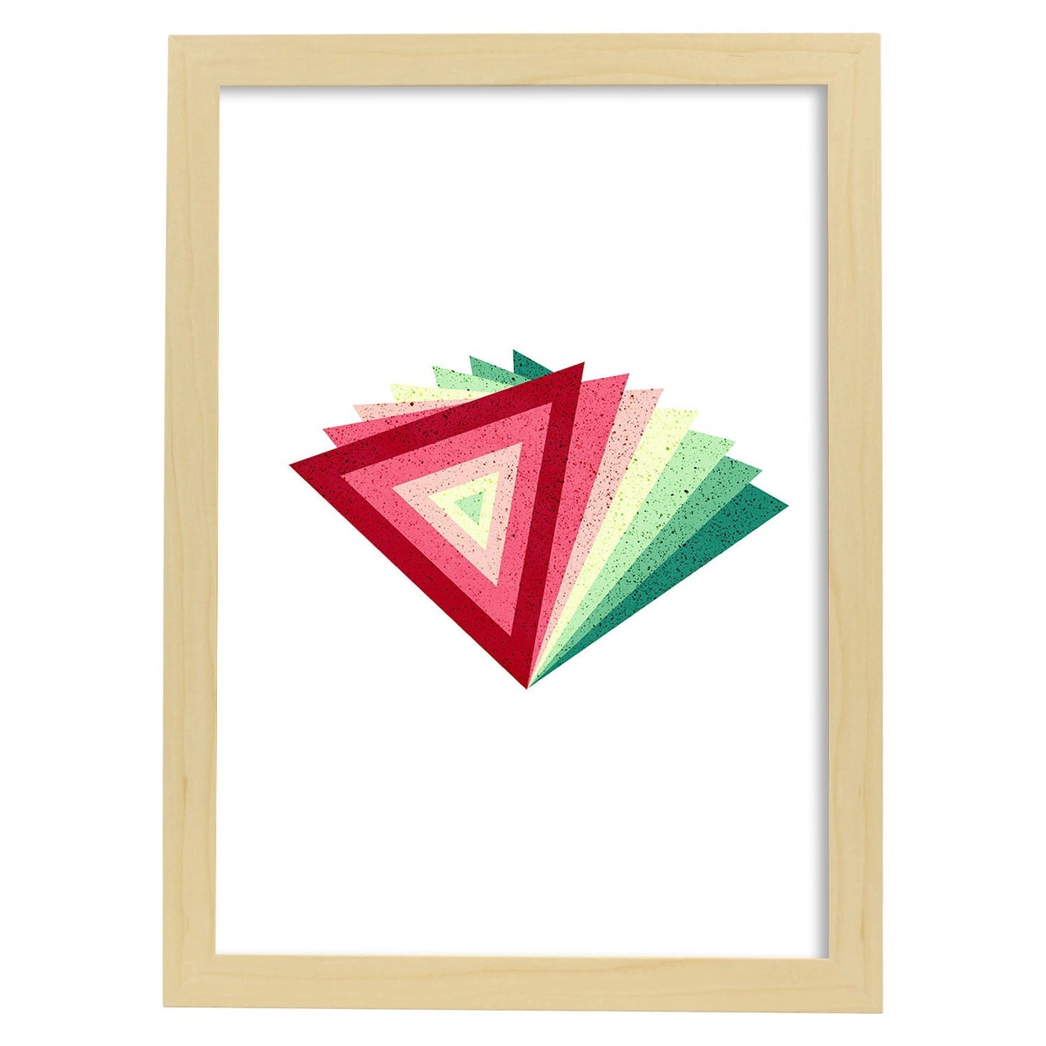 Poster con dibújo de geometría colorida. Lámina Pirámide rojo verde, ilustrada con con formas y figuras llenas de color.-Artwork-Nacnic-A4-Marco Madera clara-Nacnic Estudio SL