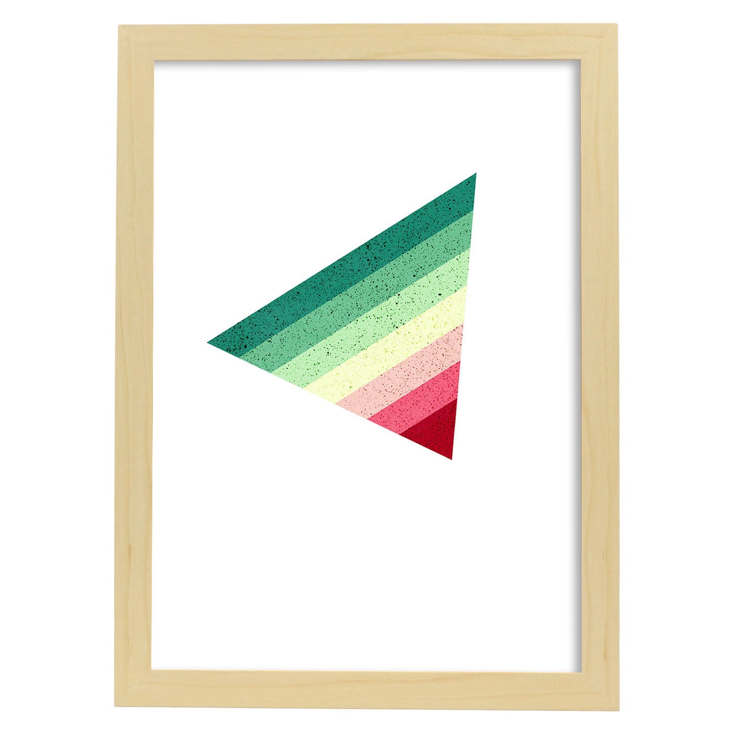 Poster con dibújo de geometría colorida. Lámina Triangulo invertido rojo verde, ilustrada con con formas y figuras llenas de color.-Artwork-Nacnic-A3-Marco Madera clara-Nacnic Estudio SL