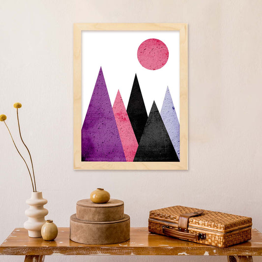 Poster con dibújo de montañas geométricas. Lámina Montañas moradas negras, ilustrada con con formas y figuras llenas de color.-Artwork-Nacnic-Nacnic Estudio SL